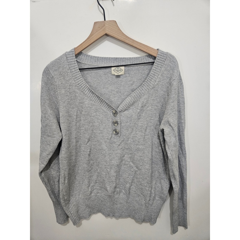 St Johns Bay Womens XL Gray V-Neck Henley Long Sleeve Knit Sweater Top